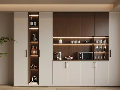 Modern Wine Cabinet With White Brown Storage For Wine Bottles Glassware Coffee Machine Microwave 3d model