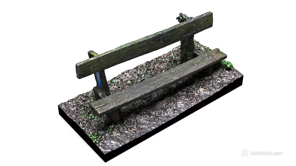 Rustic Wooden Outdoor Bench With Weathered Surface And Small Green Plants On Dirt Base 3d model 