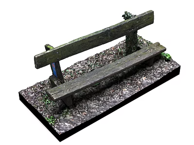 Rustic Wooden Outdoor Bench With Weathered Surface And Small Green Plants On Dirt Base 3d model
