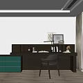 Stylish Study Desk Setup With Green Cabinet Table Lamp Books Decorations And Framed Artwork