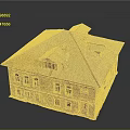 Vintage Cartoon Scene Featuring Weathered Red House with Rusty Roof and Windows