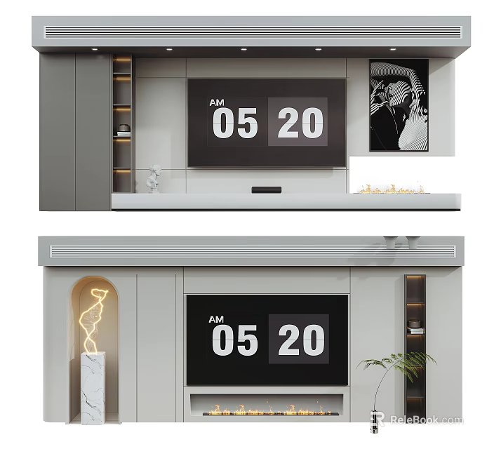 Modern TV Wall Design With Floating Shelves Decorative Lighting And Artwork 3d model 