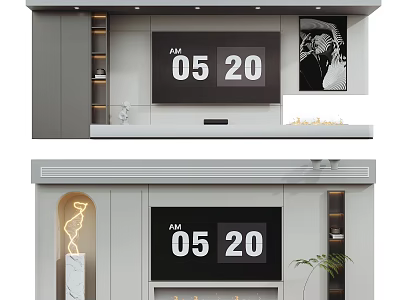 Modern TV Wall Design With Floating Shelves Decorative Lighting And Artwork 3d model