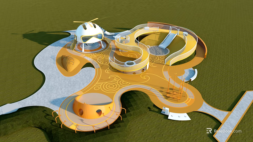 Children's Play Area With Spiral Slide Climbing Frame Helicopter Shaped Structure And Circular Platform 3d model 