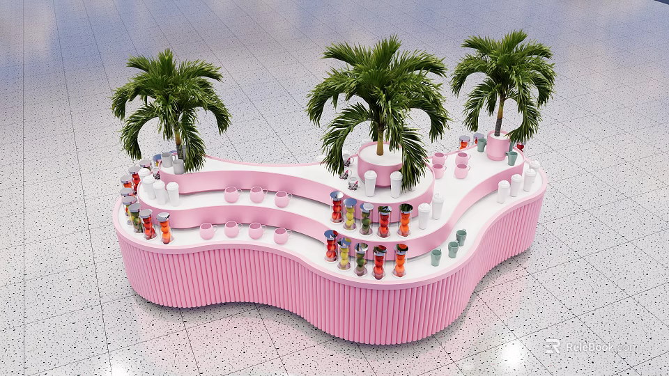 Pink Wavy Bar Design With Palm Trees And Colorful Cups On Top 3d model 