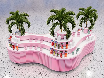 Pink Wavy Bar Design With Palm Trees And Colorful Cups On Top 3d model