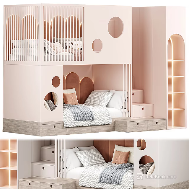 Pastel Pink Bunk Bed With Circular Cutouts And Storage Drawers 3d model 