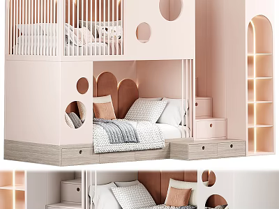 Pastel Pink Bunk Bed With Circular Cutouts And Storage Drawers 3d model