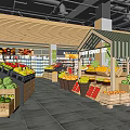 Supermarket Fruit Island Section With Fresh Watermelons Apples And Wooden Shelves
