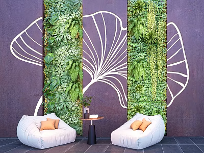 Leisure Sofa Set with White Sofas Orange Cushions and Green Plant Wall Background 3d model
