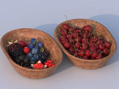 Ceramic Bowls Filled With Fresh Blueberries Blackberries Strawberries And Red Cherries 3d model