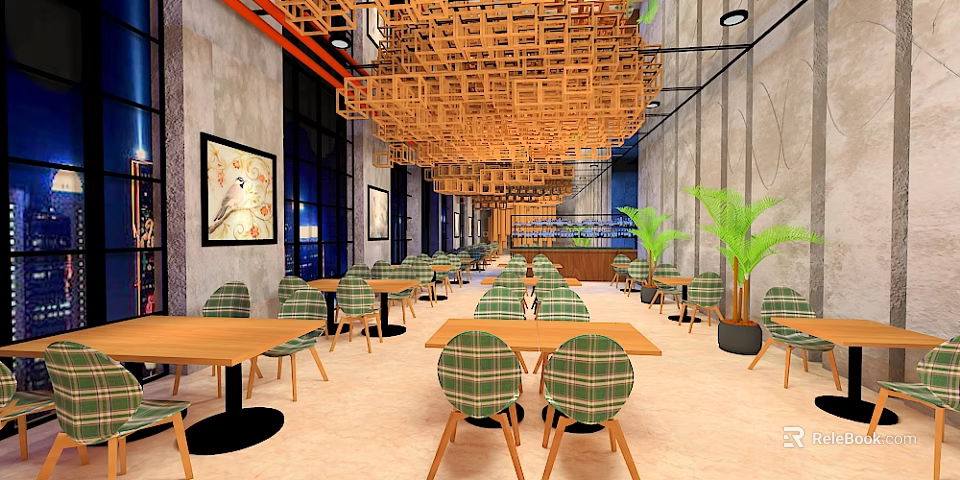 Modern Restaurant Interior Featuring Wooden Ceiling Decor Green Plaid Seats Wooden Tables And Wall Art 3d model 