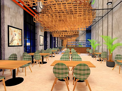 Modern Restaurant Interior Featuring Wooden Ceiling Decor Green Plaid Seats Wooden Tables And Wall Art 3d model
