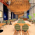 Modern Restaurant Interior Featuring Wooden Ceiling Decor Green Plaid Seats Wooden Tables And Wall Art