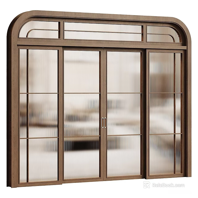 Modern Wooden Frame Sliding Door With Ribbed Glass Panels And Arch Top Design 3d model 