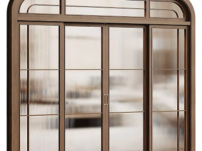 Modern Wooden Frame Sliding Door With Ribbed Glass Panels And Arch Top Design 3d model