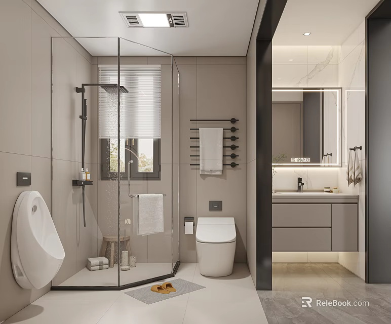 Modern Bathroom Interior With Glass Shower Enclosure Toilet Urinal Vanity Mirror And Towel Rack 3d model 