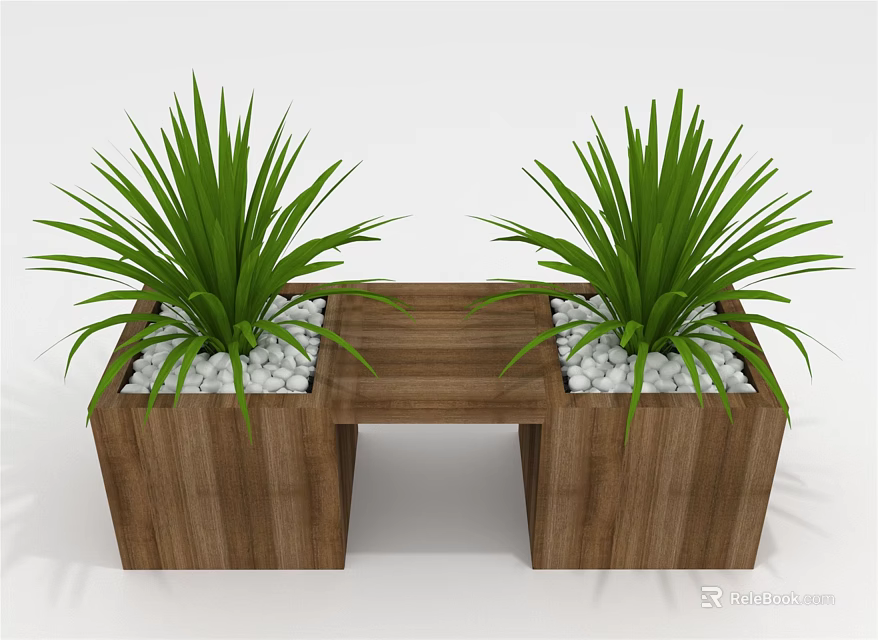 Green Plants In Wooden Planters With Bench Structure And White Pebbles 3d model 