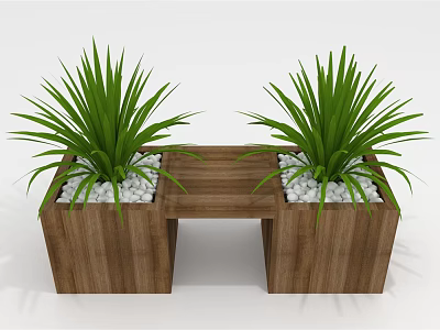 Green Plants In Wooden Planters With Bench Structure And White Pebbles 3d model