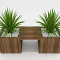 Green Plants In Wooden Planters With Bench Structure And White Pebbles