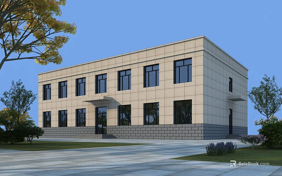 Modern Two Story Office Building With Beige Stone Exterior Black Windows And Surrounding Lawn 3d model 