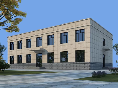 Modern Two Story Office Building With Beige Stone Exterior Black Windows And Surrounding Lawn 3d model
