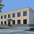 Modern Two Story Office Building With Beige Stone Exterior Black Windows And Surrounding Lawn