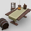 Rustic Wooden Dining Table Set With Light Tablecloth Chair Lantern And Barrel 3d model