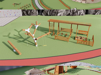 Park Landscape with Wooden Pergola Swings Climbing Structure Green Lawn and Red Path 3d model