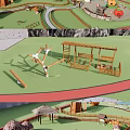 Park Landscape with Wooden Pergola Swings Climbing Structure Green Lawn and Red Path
