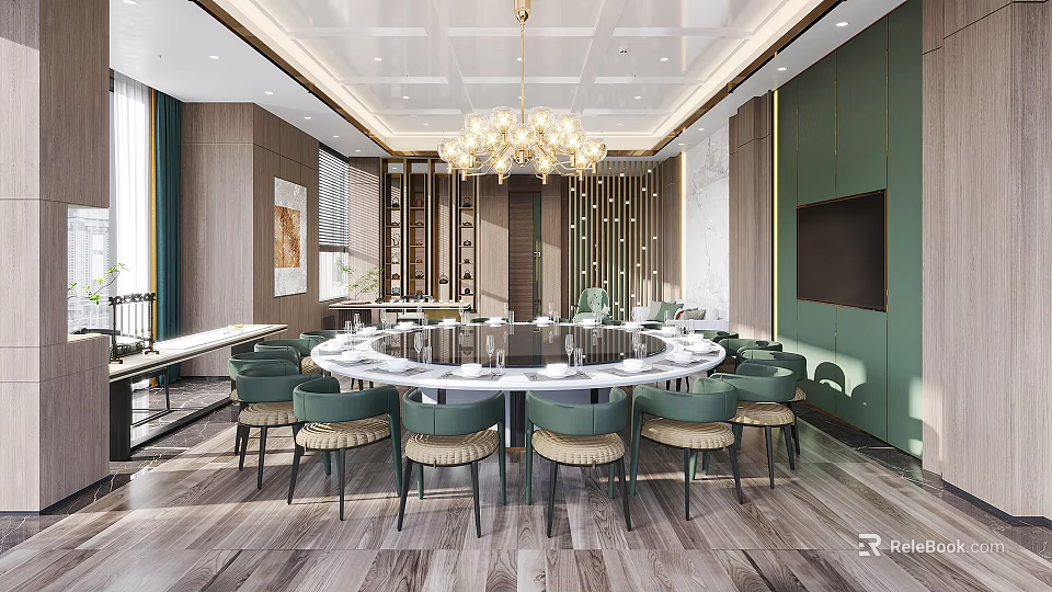 Elegant Private Dining Room With Round Marble Table Green Chairs And Chandelier 3d model 