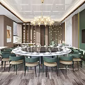 Elegant Private Dining Room With Round Marble Table Green Chairs And Chandelier