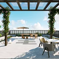 Rooftop Terrace With Glass Roof Pergola Climbing Plants And Outdoor Dining Set