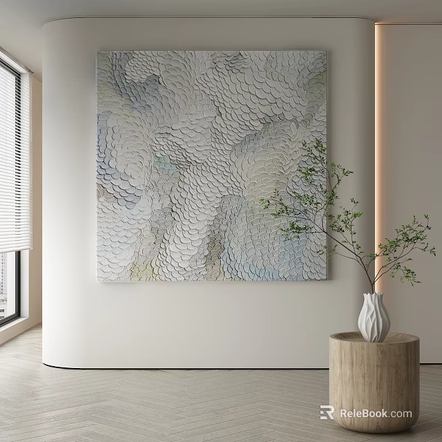 Abstract Painting With Textured Layers And Soft Tones In Modern Room With Plant Vase 3d model 