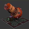 3D Model Red Mechanical Cannon With Wooden Structure Grated Base And Barrel