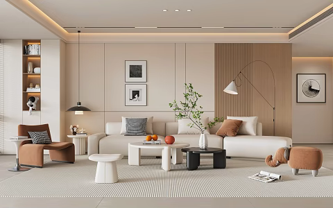 Modern Cream Style Home Living Room Non-main Light Living Room Sofa Background Wall Sofa Coffee Table Combination Leisure Chair Floor Lamp 3d model