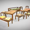 Rustic Wooden Dining Table Set With Four Chairs And Colorful Cushioned Seats