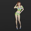 Woman In Green Blue Short Sleeved Top And Shorts With High Heels Front Back Views