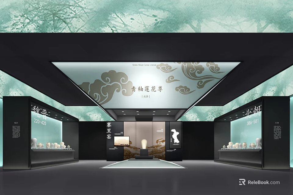 Porcelain Flower Exhibition Hall Interior With Decorative Ceiling And Displayed Artifacts 3d model