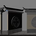 Chinese Traditional Scenic Wall with Tile Roof Circular Relief and Gray Brick Base