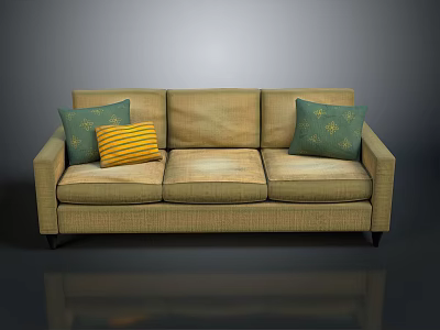 Beige Three Seat Sofa With Green And Yellow Striped Decorative Pillows 3d model