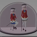 Anime Character Figurines in Red Coats and White Skirts with Hats on Pink Display Stand