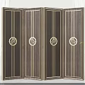 Four panel Wooden Dark Colored Screen with Golden Lines and Circular Openwork Patterns Indoor 3d model