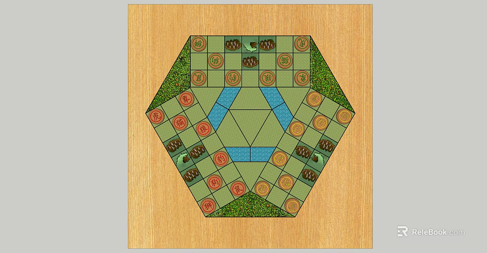 Hexagonal Board Game Design With Wooden Background Colored Tiles Blue Center Area And Resource Symbols 3d model 