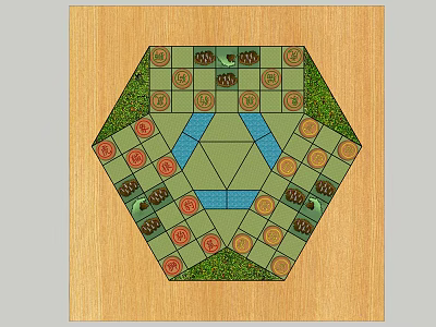 Hexagonal Board Game Design With Wooden Background Colored Tiles Blue Center Area And Resource Symbols 3d model