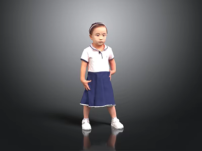 Little Girl In White Top And Blue Skirt Standing On Reflective Floor With Gray Background 3d model