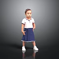 Little Girl In White Top And Blue Skirt Standing On Reflective Floor With Gray Background