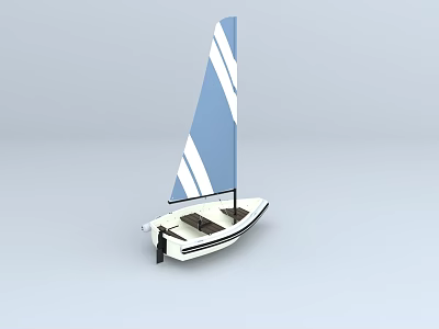 Wooden Sailboat With Blue And White Sail And White Hull Seats 3d model