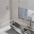 Sink Area In Kitchen With Running Faucet White Tiled Wall And City View Through Blinds