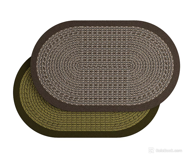 Two Oval Shaped Woven Rugs with Brown Beige and Dark Green Patterns 3d model 